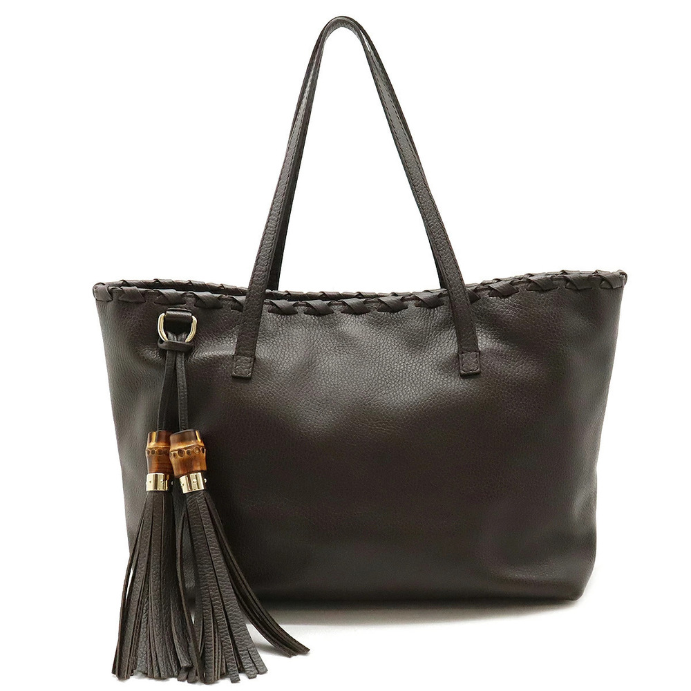 Gucci Bamboo Tassel Charm Fringe Tote Bag Shoulder Leather Dark Brown